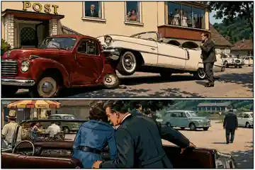 Windi-Comicillustration der Cadillac-Unfallszene in Aggsbach Markt